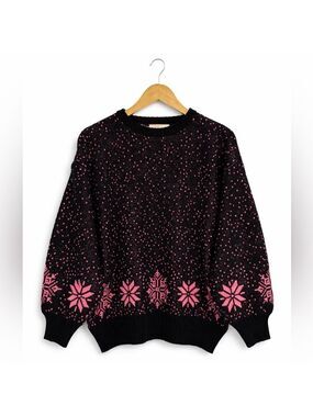 Vintage Black Pink Nordic Knit Sweater | 80s 90s Cozy Statement Pullover